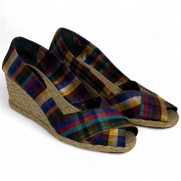 Ralph Lauren Shoes - Ralph Lauren Espadrille Wedge Silk Shantung Plaid Peep Toe Sandals Womens Size 9